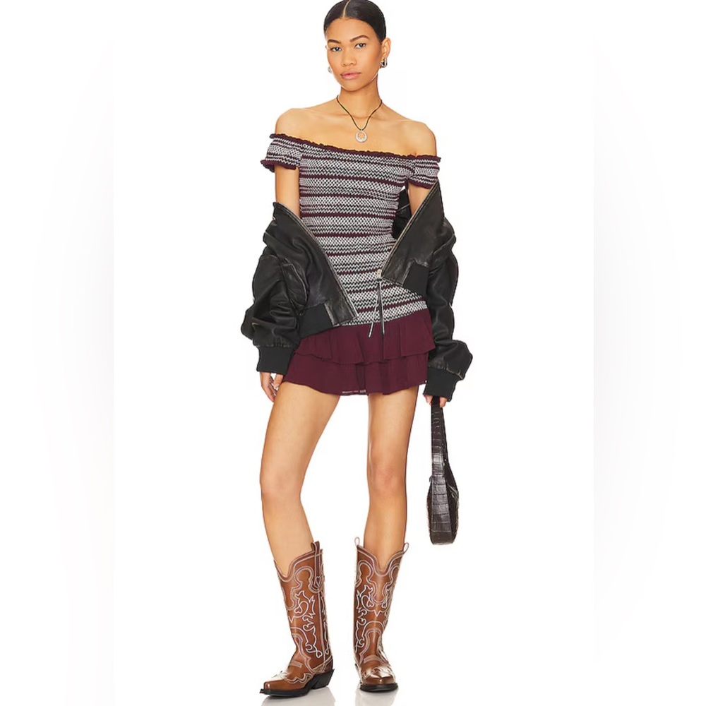 Tularosa Lucille Smocked Ruffle hem Off Shoulder Mini Dress in Wine